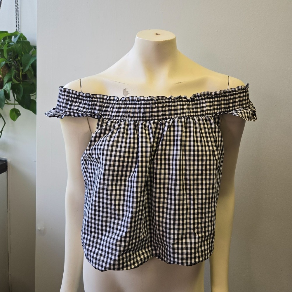 Guess Gingham Off-Shoulder Blouse Black & White Plaid Top Cottage Peasant Prairi - Picture 3 of 10